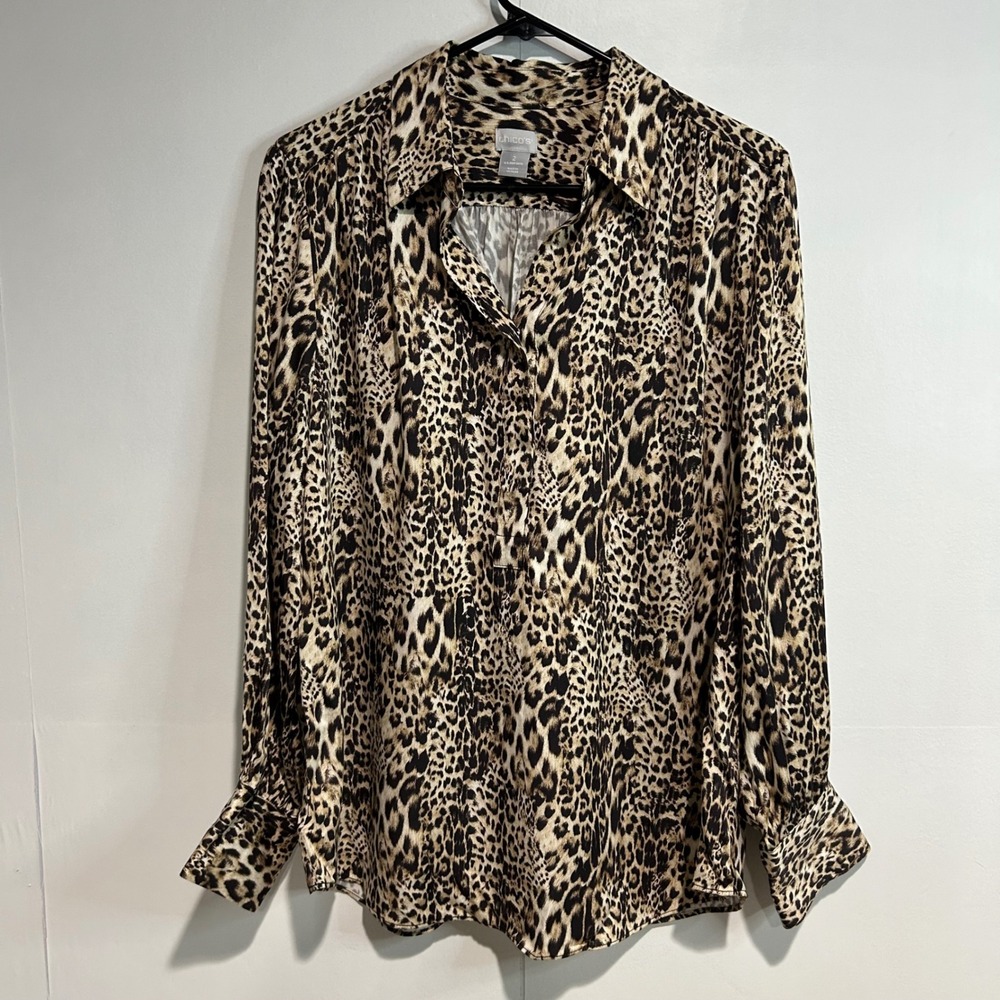 Chicos Leopard Print Blouse Womens 2 US‎ 14 Brown Half Button Placket Shirt Chic